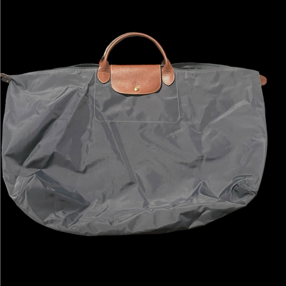 Longchamp Gray Travel Bag with Brown Leather Trim